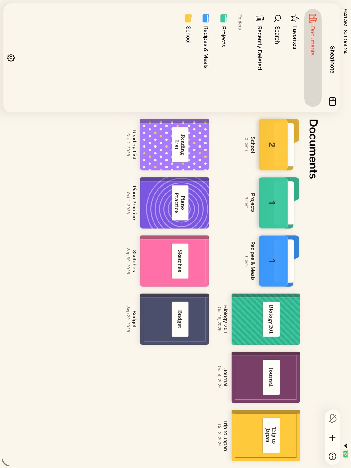 The library on iPad: folders for School, Projects and Recipes, and notebooks with colorful covers