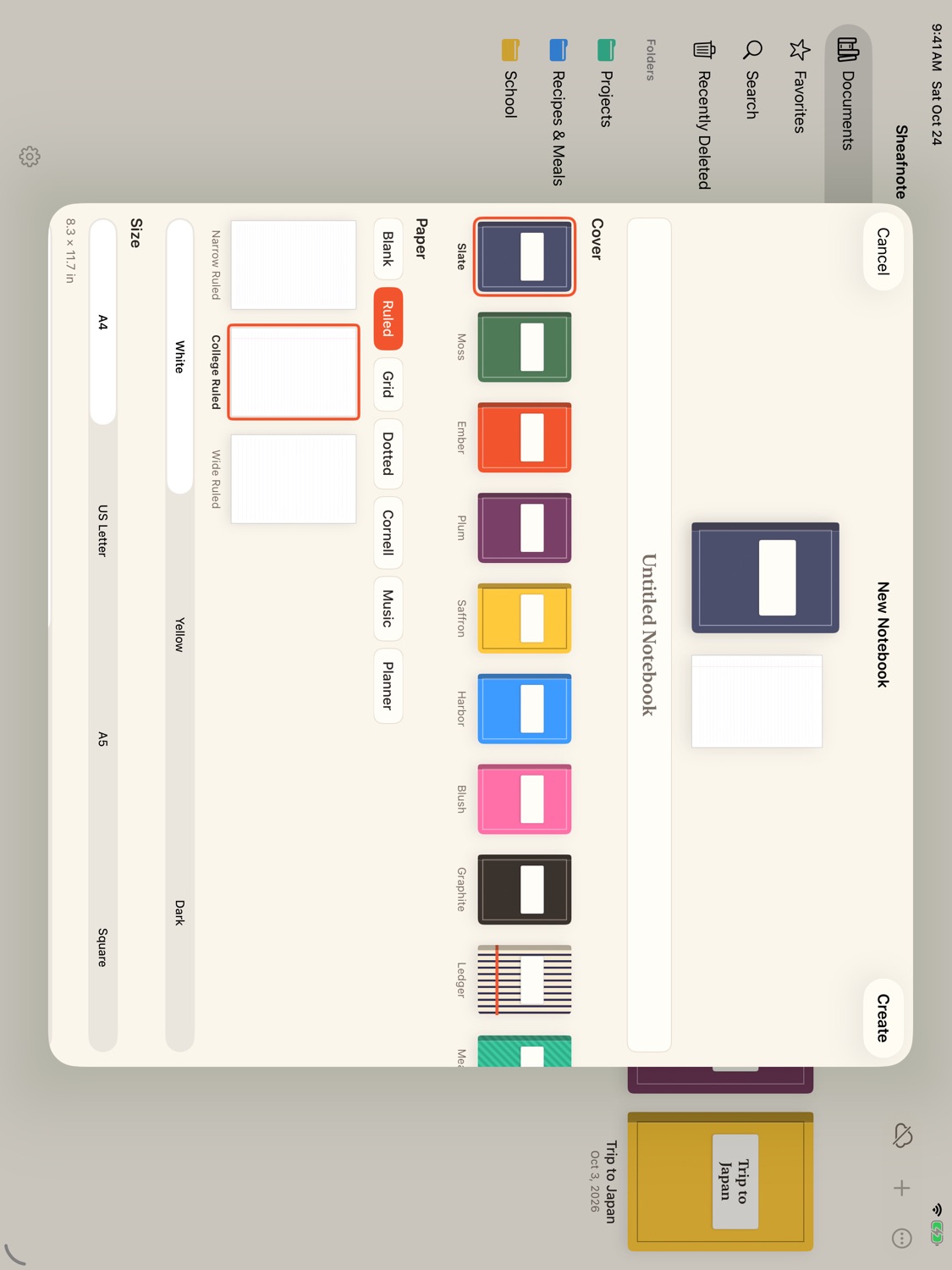 The New Notebook sheet with cover choices, paper types and sizes