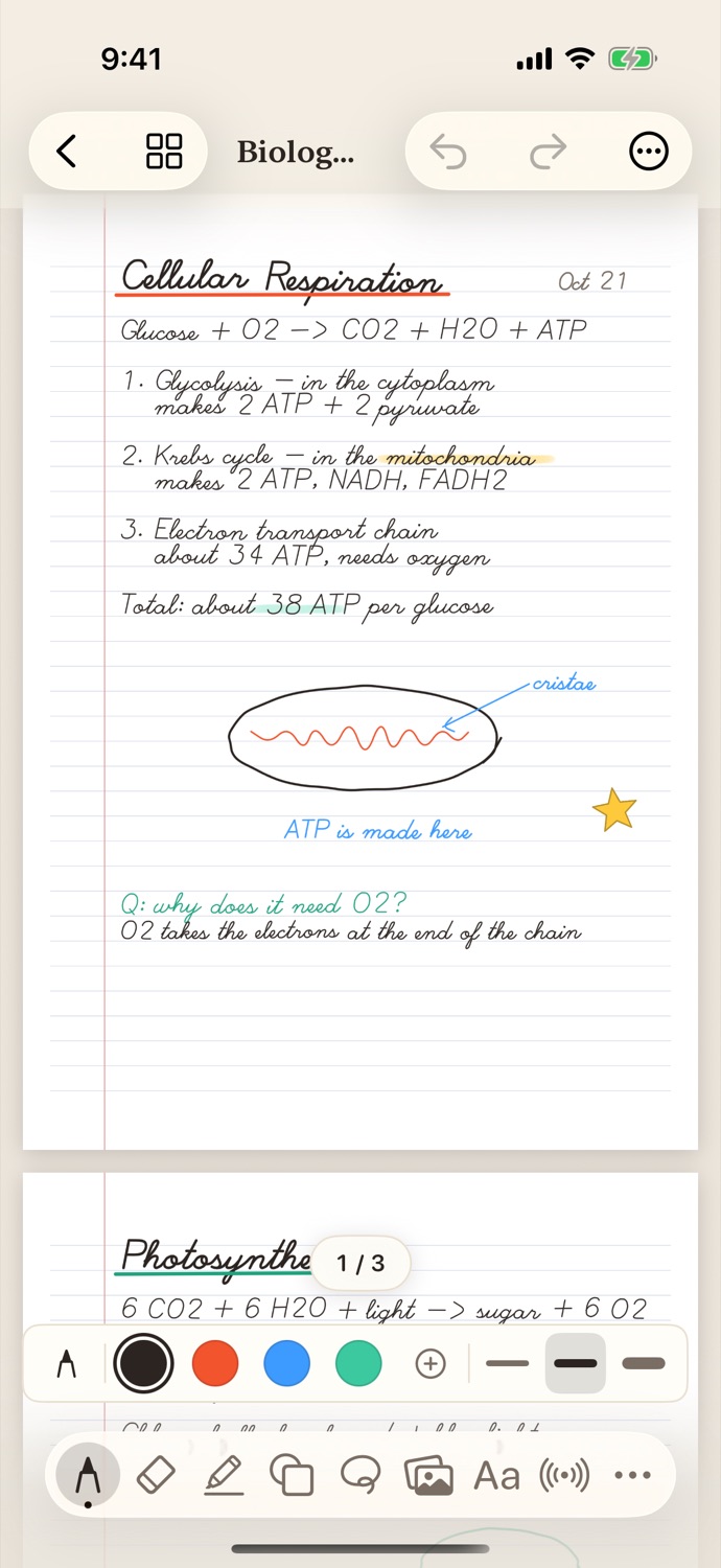 The same notes open on iPhone, with the pen tools along the bottom